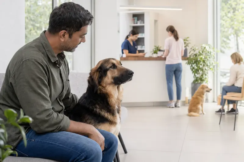 Gujjar Watchdog sitzt ruhig neben seinem Besitzer im hellen Wartezimmer einer modernen Tierarztpraxis.